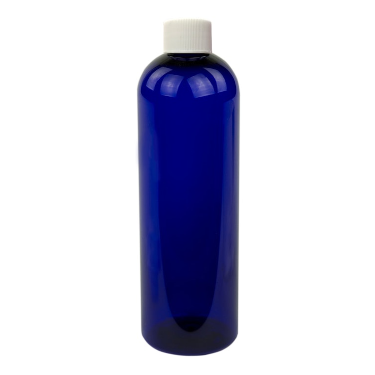 12 oz. Cobalt Blue PET Cosmo Round Bottle with 24/410 White Ribbed Cap with F217 Liner