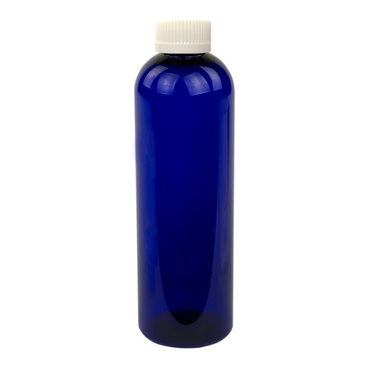 12 oz. Cobalt Blue PET Cosmo Round Bottle with 24/410 White Ribbed CRC Cap with F217 Liner