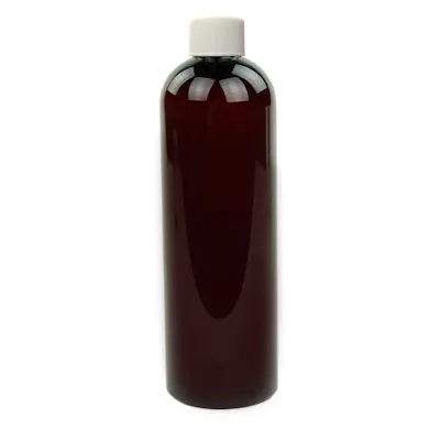 12 oz. Light Amber PET Cosmo Round Bottle with 24/410 White Ribbed Cap with F217 Liner
