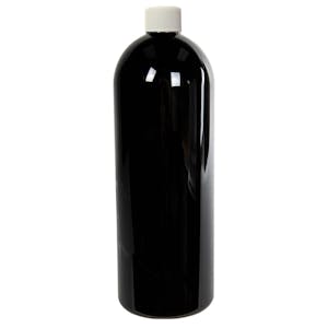 16 oz. Black PET Cosmo Round Bottle with 24/410 White Ribbed Cap with F217 Liner