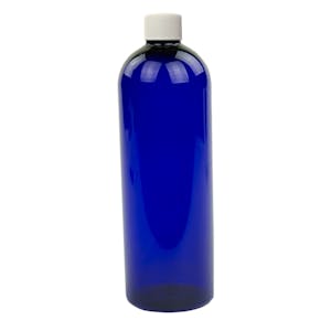 16 oz. Cobalt Blue PET Cosmo Round Bottle with 24/410 White Ribbed Cap with F217 Liner