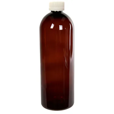 32 oz. Light Amber PET Cosmo Round Bottle with 28/400 White Ribbed CRC Cap with F217 Liner