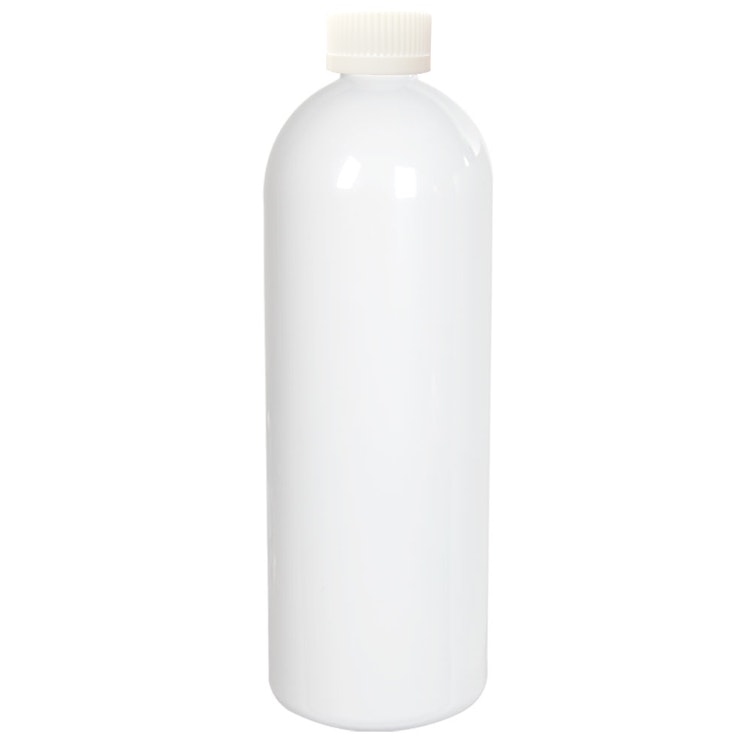 32 oz. White PET Cosmo Round Bottle with 28/410 White Ribbed CRC Cap with F217 Liner
