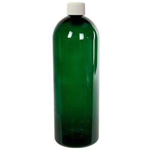 32 oz. Dark Green PET Cosmo Round Bottle with 28/410 White Ribbed Cap with F217 Liner