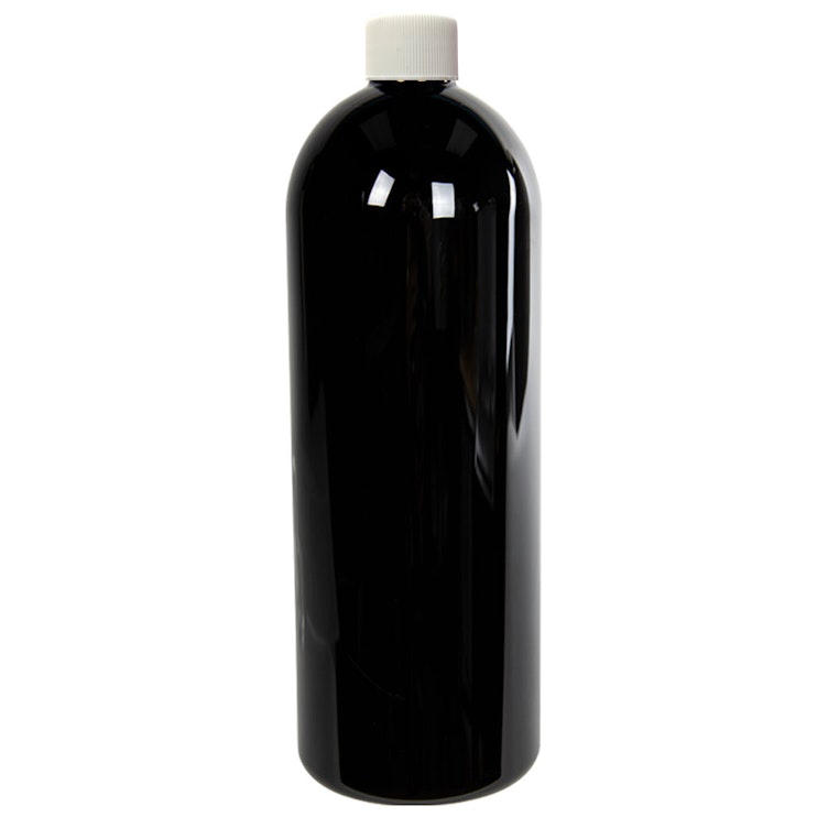 32 oz. Black PET Cosmo Round Bottle with 28/410 White Ribbed Cap with F217 Liner