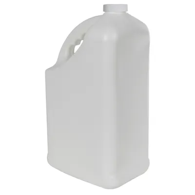 128 oz. White HDPE PCR Slant Handle Jug with 38/400 White Ribbed Cap with F217 Liner