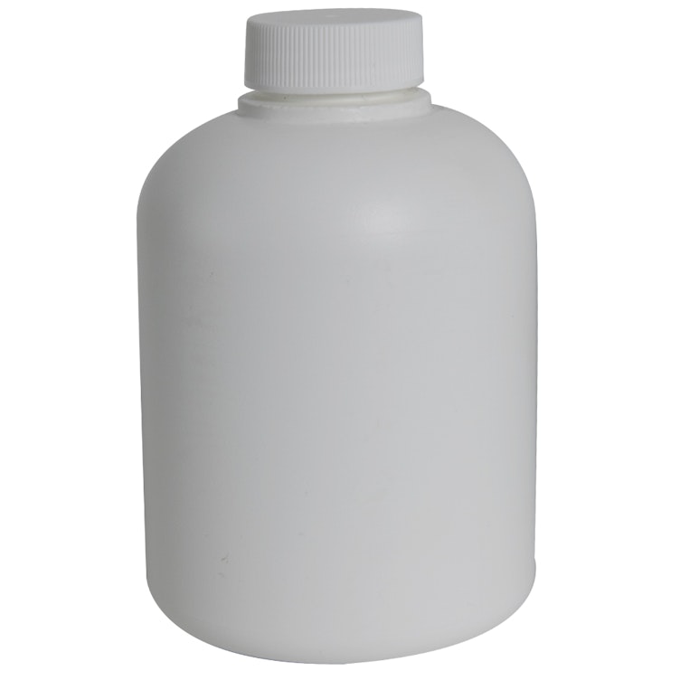 8 oz. White HDPE Celebrity Boston Round Bottle with 28/400 White Ribbed Cap with F217 Liner