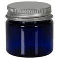 1 oz. Cobalt Blue PET Straight-Sided Round Jar with 38/400 Brushed Silver Aluminum Cap with Foam Liner