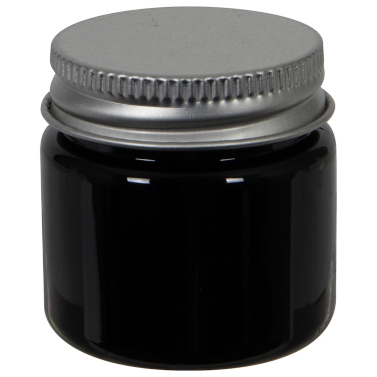 1 oz. Black PET Straight-Sided Round Jar with 38/400 Brushed Silver Aluminum Cap with Foam Liner