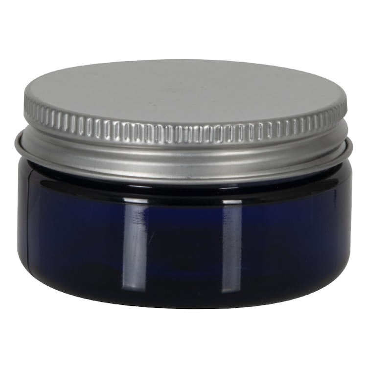 2 oz. Cobalt Blue PET Straight-Sided Round Jar with 58/400 Brushed Silver Aluminum Cap with Foam Liner