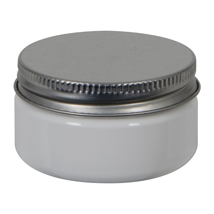 2 oz. White PET Straight-Sided Round Jar with 58/400 Brushed Silver Aluminum Cap with Foam Liner