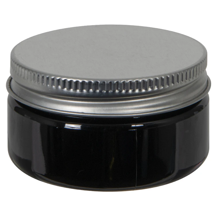 2 oz. Black PET Straight-Sided Round Jar with 58/400 Brushed Silver Aluminum Cap with Foam Liner