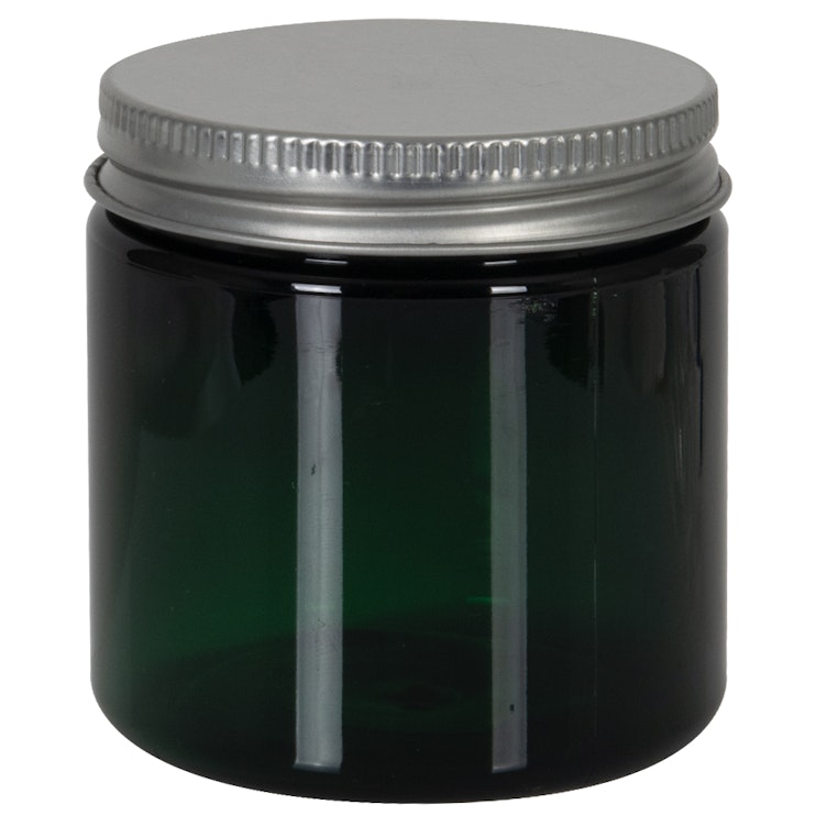 4 oz. Dark Green PET Straight-Sided Round Jar with 58/400 Brushed Silver Aluminum Cap with Foam Liner