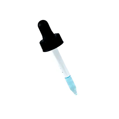20/400 Ribbed Black Phenolic Dropper Cap with Black Rubber Bulb & 74-76mm L Straight Tip Glass Pipette