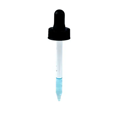 20/400 Ribbed Black Phenolic Dropper Cap with Black Rubber Bulb & 86-88mm L Straight Tip Glass Pipette