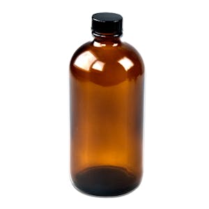 16 oz. Amber Boston Round Glass Bottles with 28/400 Polycone-lined Caps