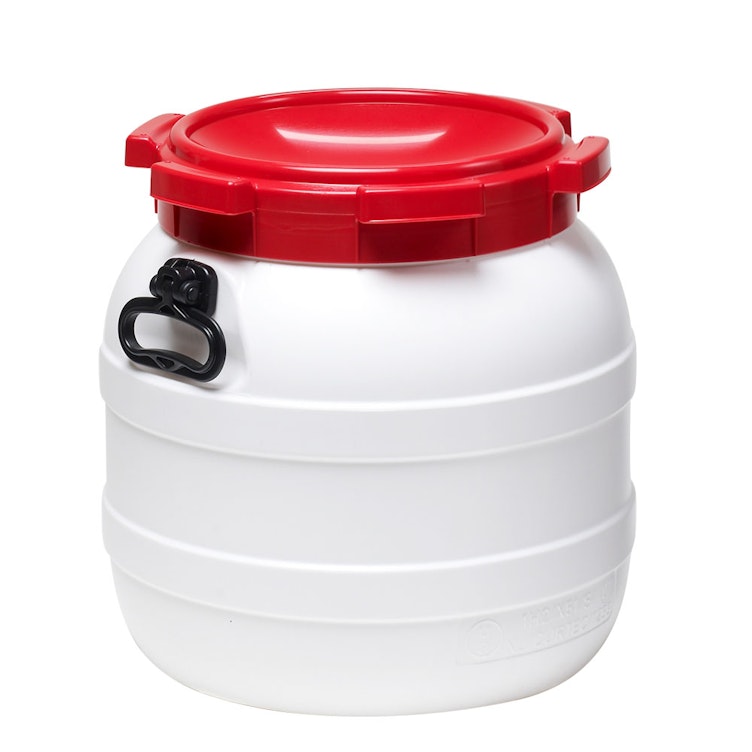 11.1 Gallon White UN Rated HDPE Wide Mouth Drum with Red Lid - Hand Grip