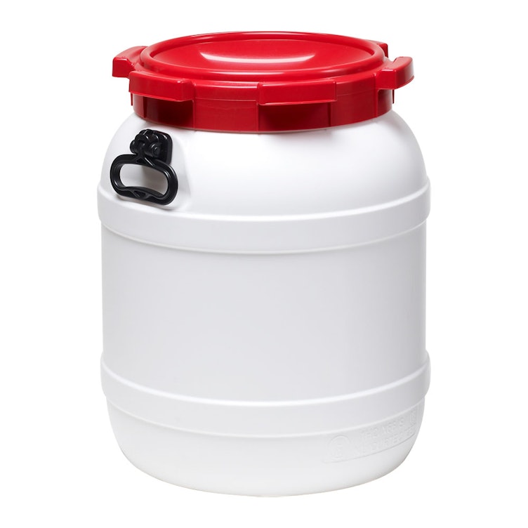 14.5 Gallon White UN Rated HDPE Wide Mouth Drum with Red Lid - Hand Grip