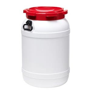 18 Gallon White UN Rated HDPE Wide Mouth Drum with Red Lid - Hand Grip