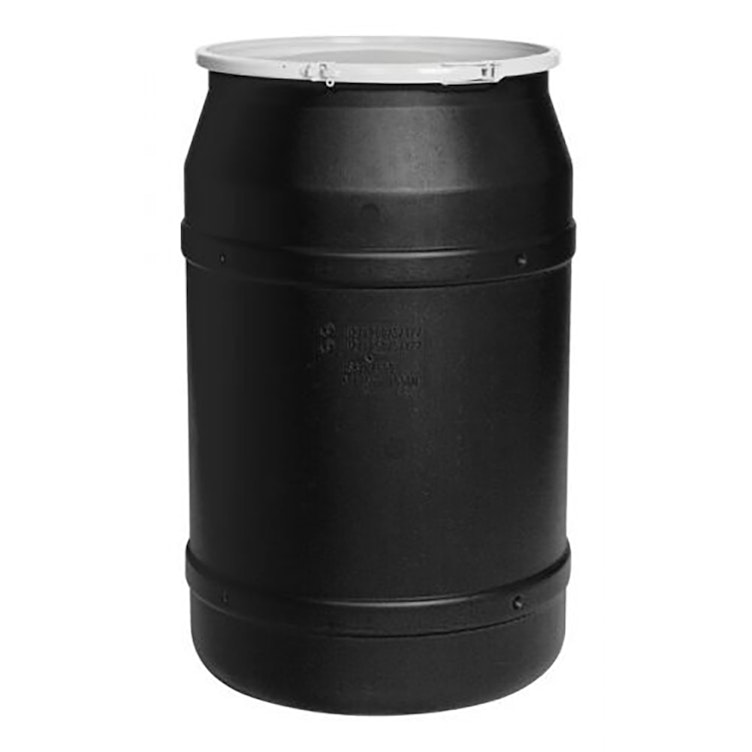 55 Gallon Black Straight-Sided Open Head Poly Drum with Plain Lid & Plastic Lever-Locking Ring
