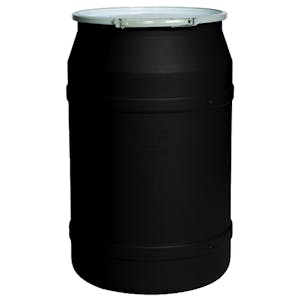 55 Gallon Black Straight-Sided Open Head Poly Drum with Plain Lid & Metal Lever-Lock Ring