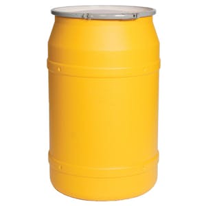 55 Gallon Yellow Straight-Sided Open Head Poly Drum with Plain Lid & Metal Lever-Lock Ring