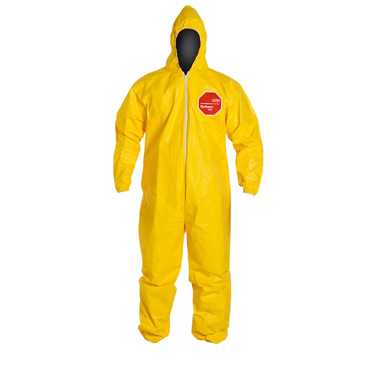 DuPont™ Tychem® 2000 Large Yellow Coveralls with Attached Hood & Elastic Face, Wrists & Ankles