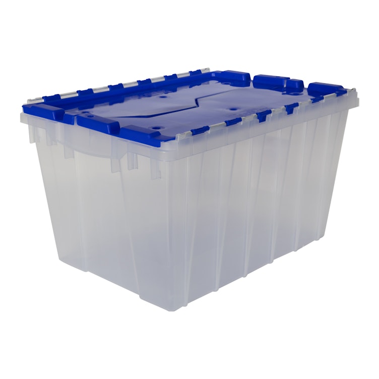 Clear Akro-Mils® Attached Lid Container with Blue Lid - 21-1/2" L x 15" W x 12-1/2" Hgt. OD