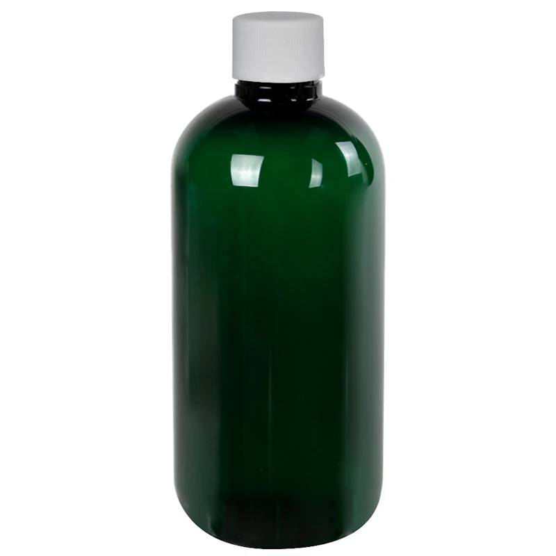 8 oz. Dark Green PET Traditional Boston Round Bottle with 24/410 White Ribbed Cap with F217 Liner