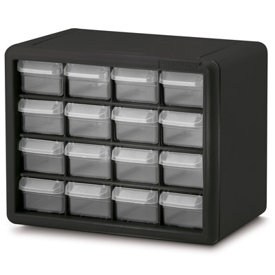 16 Drawer Black Plastic Storage Cabinet 10-9/16" L x 6-3/8" W x 8-1/2" Hgt.