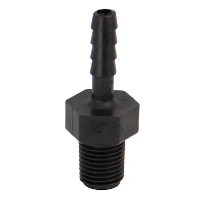 1/4" MNPT x 1/4" Hose Barb Banjo® Black Fiberglass-Reinforced Polypropylene Adapter