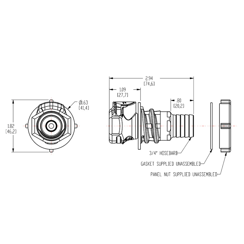 3/4" In-Line Hose Barb HFC 12 Series Polypropylene Bulkhead Panel Mount Coupling Body - Shutoff (Insert Sold Separately)