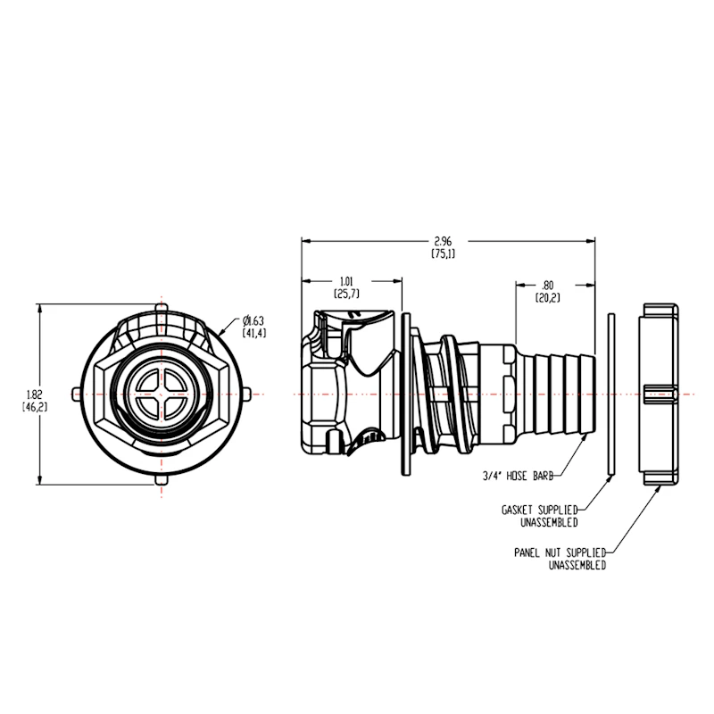 3/4" In-Line Hose Barb HFC 12 Series Polypropylene Bulkhead Panel Mount Coupling Body - Straight Thru (Insert Sold Separately)