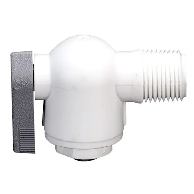1/4" OD Push-to-Connect x 3/8" MNPTF White Polypropylene LIQUIfit® Male Elbow Two-Way Ball Valve