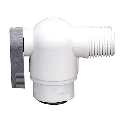 3/8" OD Push-to-Connect x 3/8" MNPTF White Polypropylene LIQUIfit® Male Elbow Two-Way Ball Valve