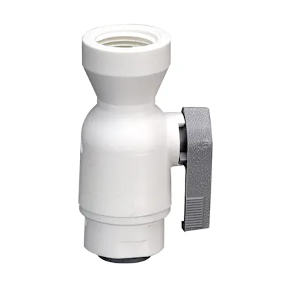 3/8" OD Push-to-Connect x 3/8" FNPTF White Polypropylene LIQUIfit® Female Connector Two-Way Ball Valve