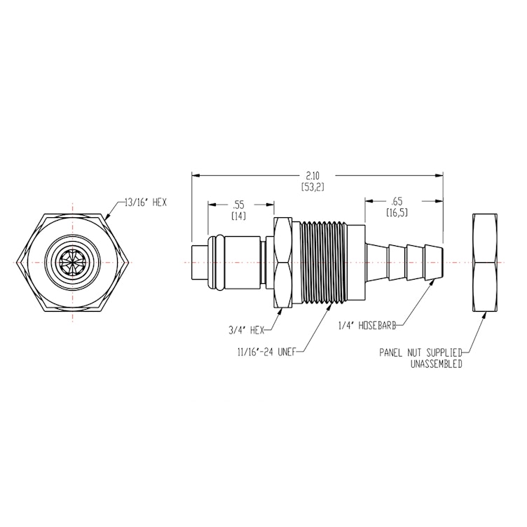 1/4" Hose Barb LC Series Chrome-Plated Brass Panel Mount Coupling Insert - Shutoff (Body Sold Separately)