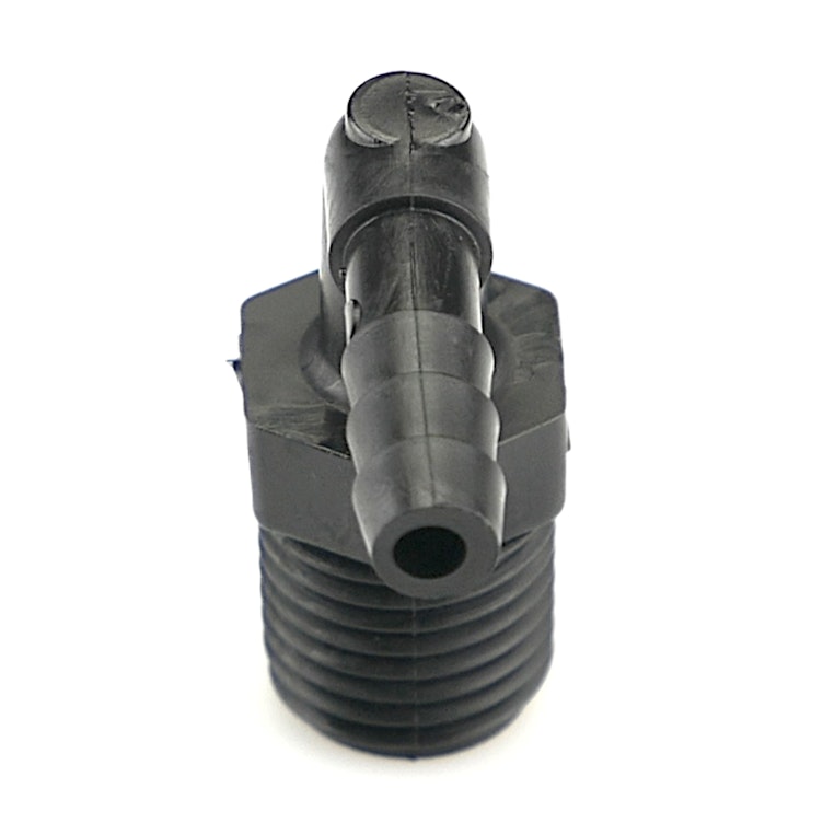 1/4" NPT x 3/16" Hose ID Black HDPE Elbow