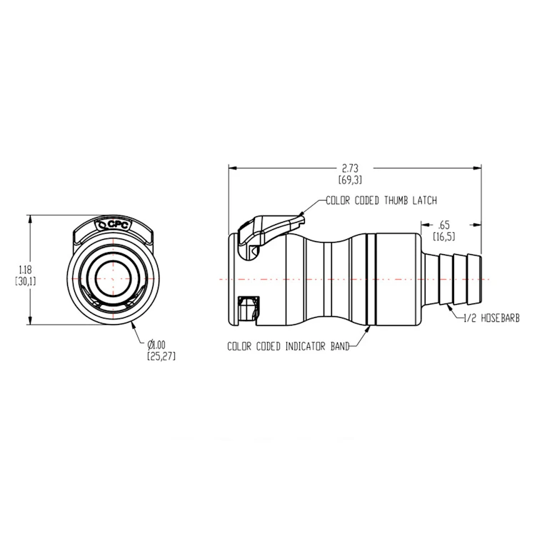 1/2" In-Line Hose Barb LQ6 Chrome-Plated Brass Valved Body - Red (Insert Sold Separately)