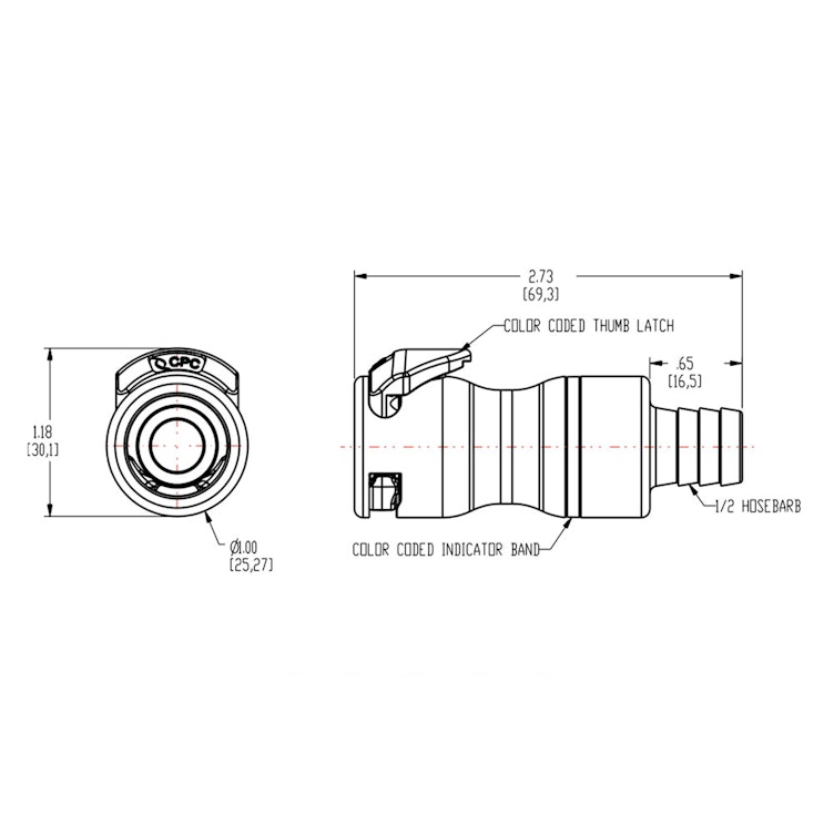1/2" In-Line Hose Barb LQ6 Chrome-Plated Brass Valved Body - Blue (Insert Sold Separately)