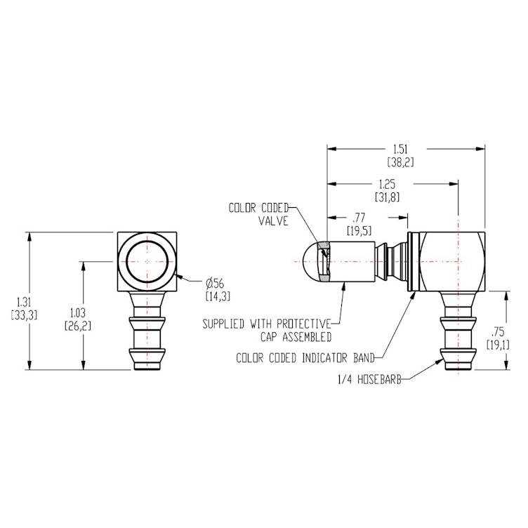 1/4" Hose Barb LQ2 Chrome-Plated Brass Locking Elbow Valved Insert - Blue (Body Sold Separately)