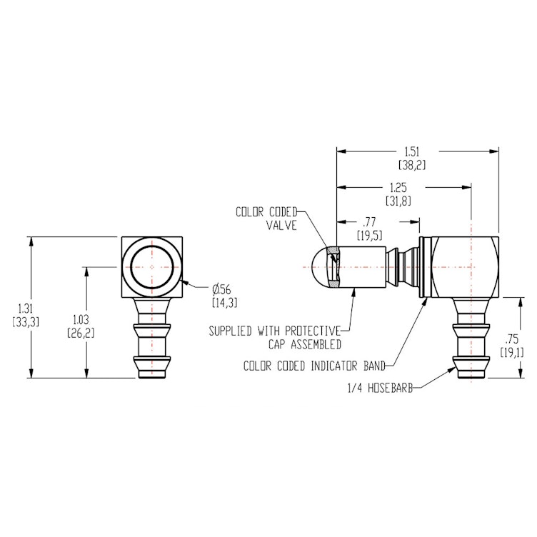 1/4" Hose Barb LQ2 Chrome-Plated Brass Locking Elbow Valved Insert - Red (Body Sold Separately)