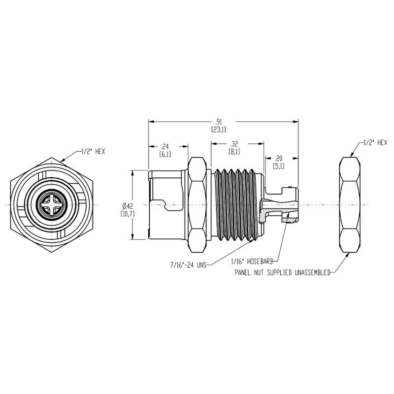 1/16" Hose Barb SMC Series Subminiature Acetal Panel Mount Coupling Body - Straight Thru (Insert Sold Separately)