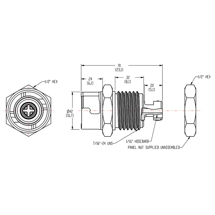1/16" Hose Barb SMC Series Subminiature Acetal Panel Mount Coupling Body - Shutoff (Insert Sold Separately)
