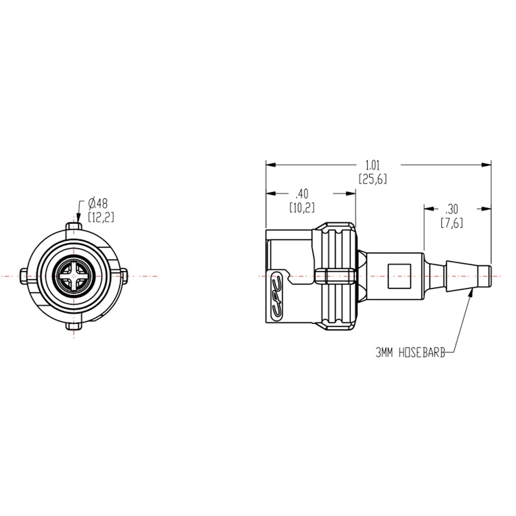 3mm Hose Barb SMC Series Subminiature Black Acetal Metric In-Line Coupling Body - Shutoff (Insert Sold Separately)