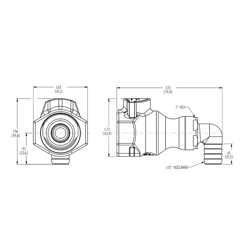 1/2" In-Line Hose Barb UDC Polypropylene Valved Elbow Body with EPDM O-Ring