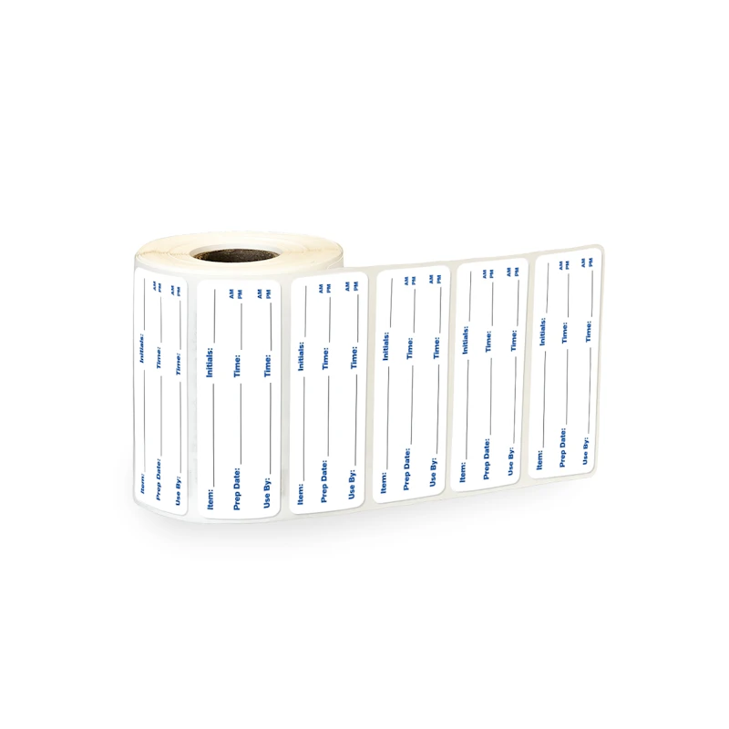 Food Preparation Information with "Item __," "Initals __," "Prep Date __," "Use By __" & "Times __" Rectangular Water-Resistant Polypropylene Write-On Label with Blue Font - 3" x 1"