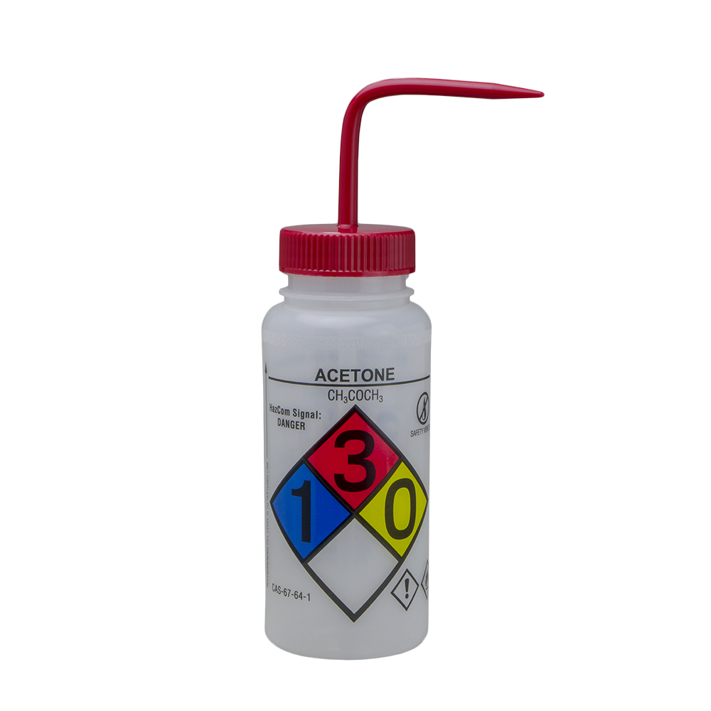 500mL Acetone GHS Labeled Right-to-Know, Vented Wash Bottle with