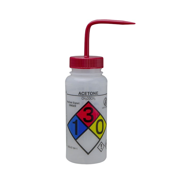 500mL Acetone GHS Labeled Right-to-Know, Vented Wash Bottle with Red Dispensing Nozzle