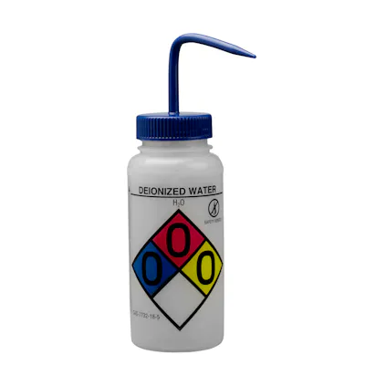 500mL Deionized Water GHS Labeled Right-to-Know, Vented Wash Bottle with Blue Dispensing Nozzle